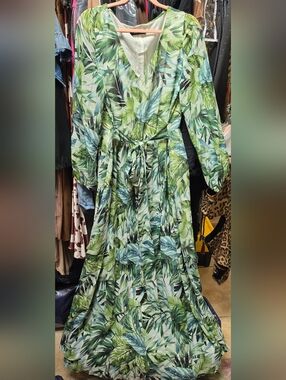 Nine West Green Leaf-Print Tie-Waist Maxi Dress